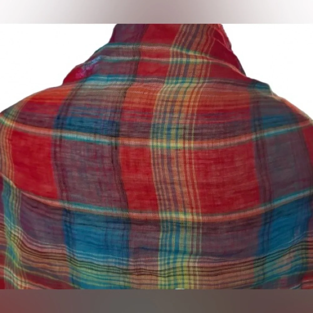 Polo Ralph Lauren Linen Plaid Red Aqua Colorful Linen Scarf Logo Embroidered